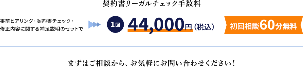 契約書リーガルチェック手数料 事前ヒアリング・契約書チェック・修正内容に関する補足説明のセットで1回44,000円（税込）初回相談60分無料 まずはご相談から、お気軽にお問い合わせください！